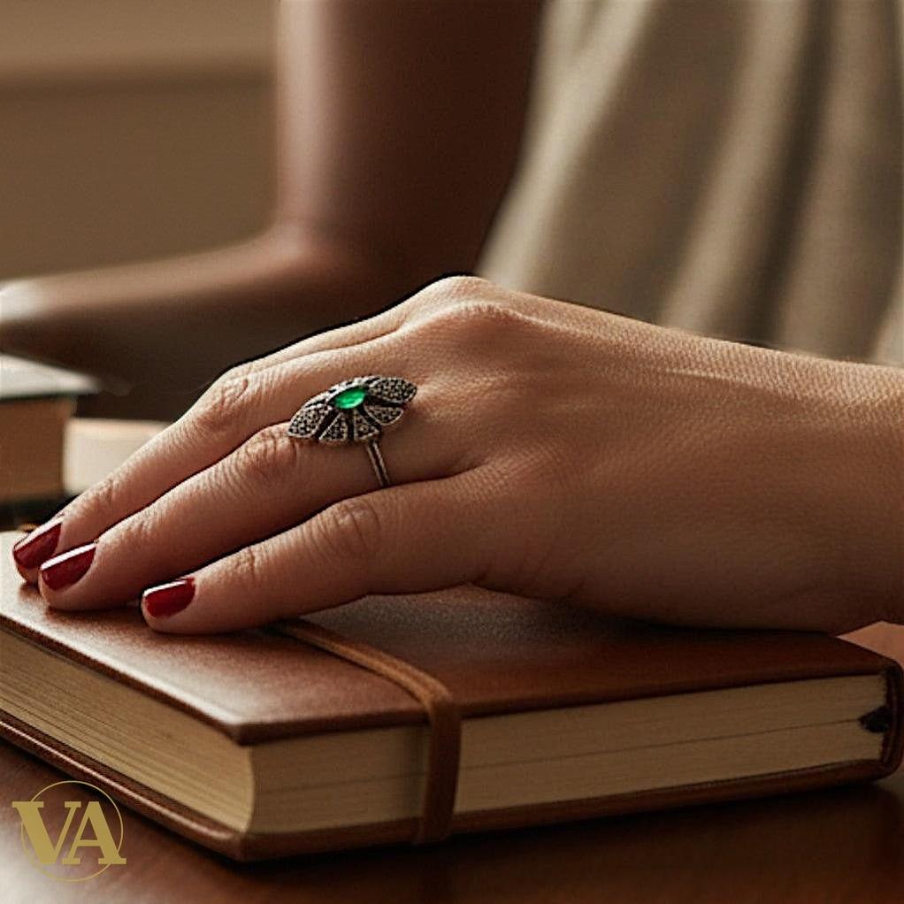 Bague Femme Argent 925 – Pierre Verte Marquise & Marcassites