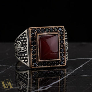 Chevalière Homme Argent 925 – Cornaline & Onyx Noir Bipartite, Tughra Ottomane & Zircons