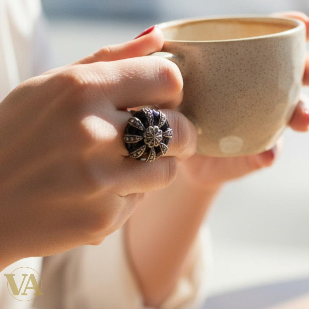 Bague femme argent 925 onyx noir et marcassites