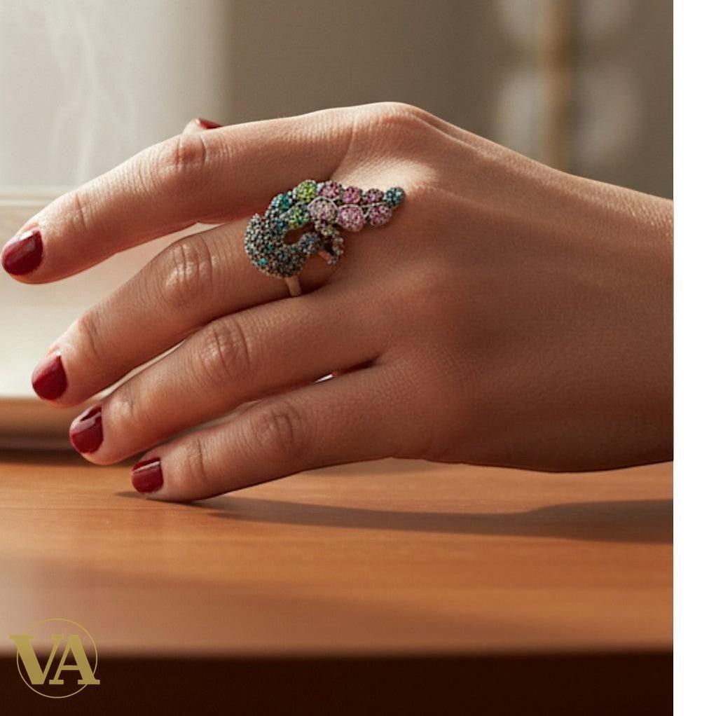 Bague argent 925 paon pierres colorées
