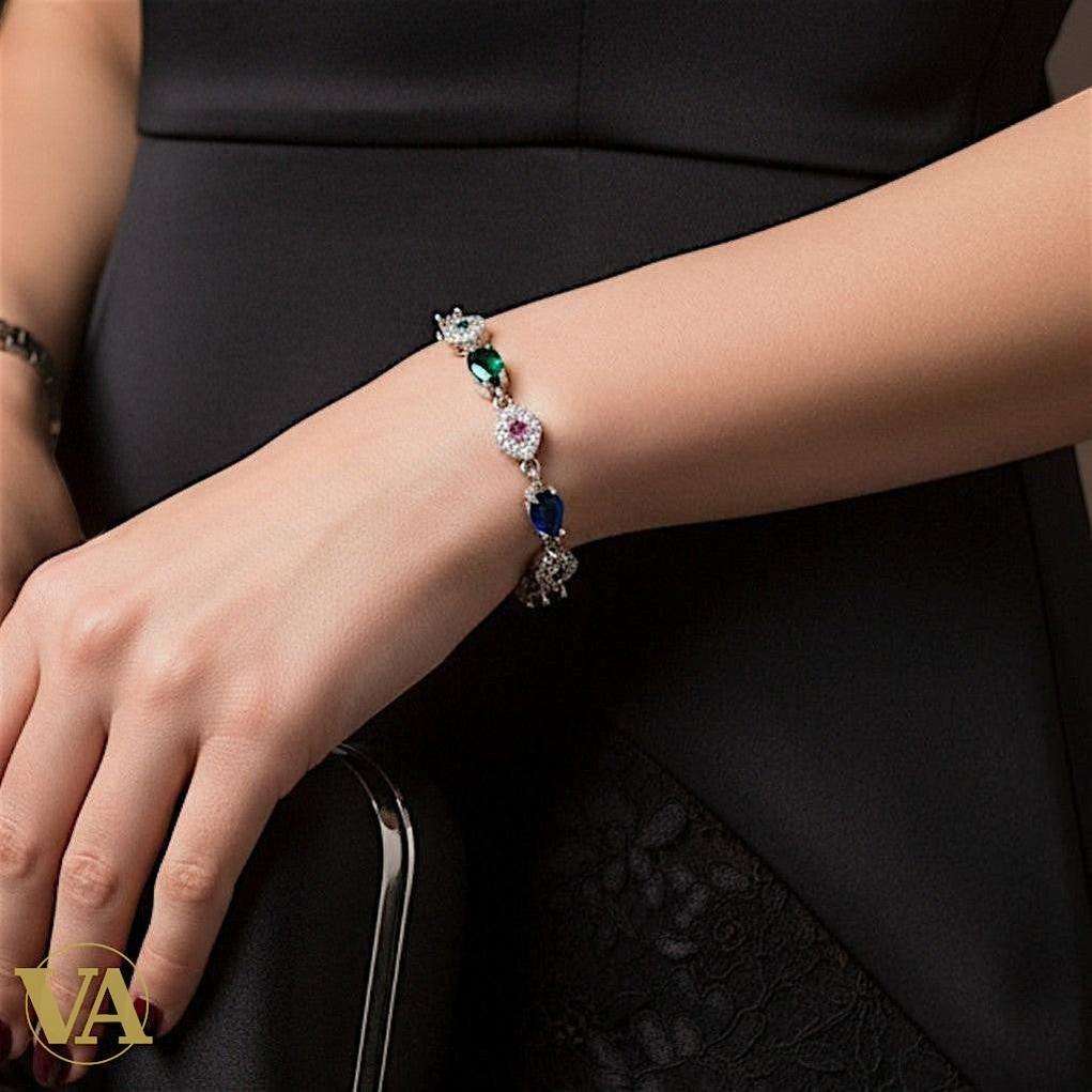 Bracelet Femme Argent 925 avec Strass Multicolores – 17+5 cm | Bijoux Vindicta
