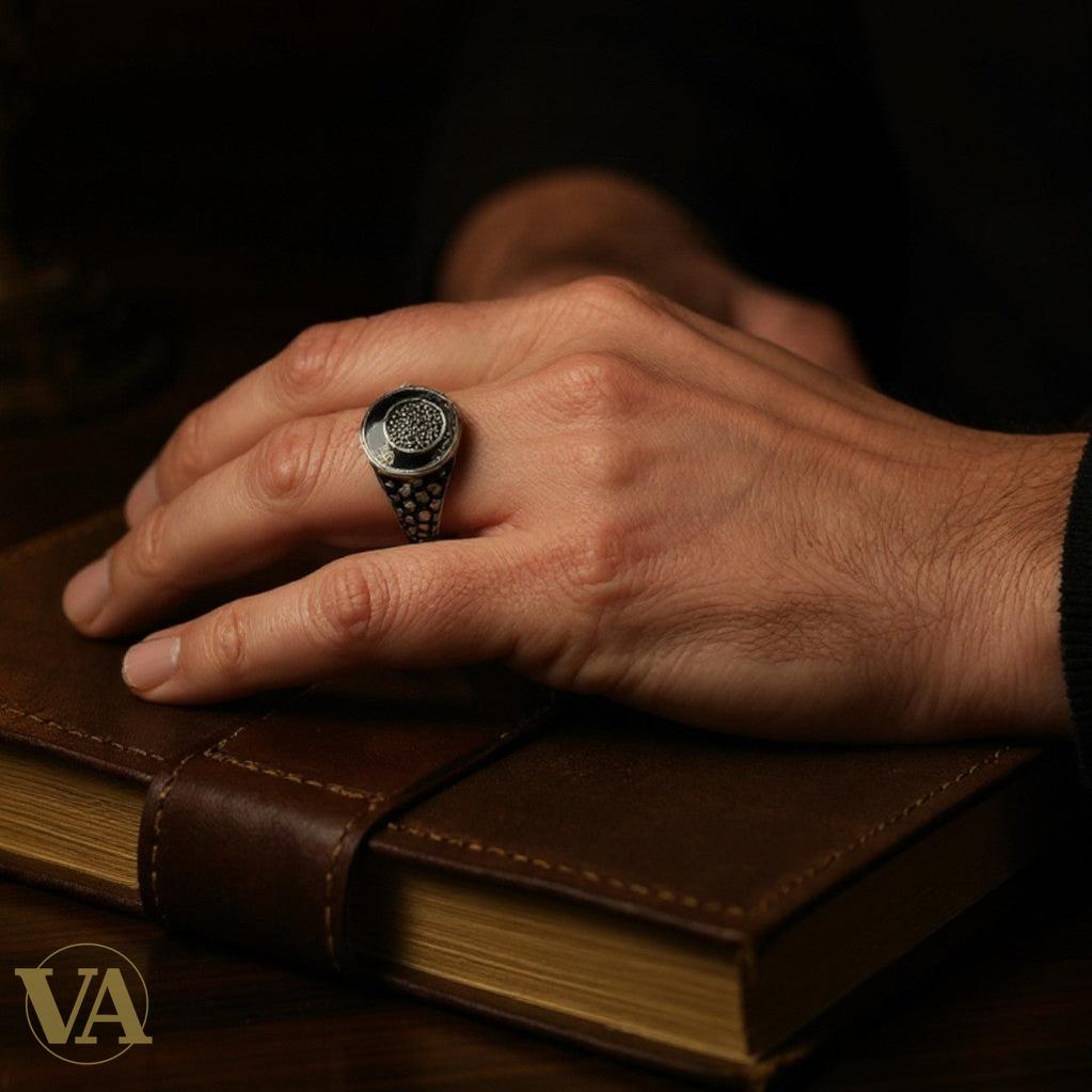 Bague Homme Argent 925 – Onyx noir circulaire & centre texturé