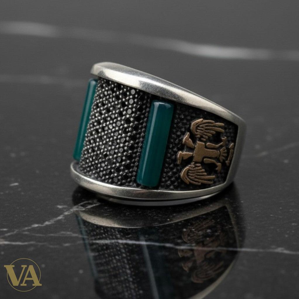 Chevalière Homme Argent 925 Zircons Noirs Aventurine Verte Aigle Bicéphale Ottoman-Vindicta : Bijoux Argent 925 Massif, Luxe et Héritage