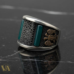 Chevalière Homme Argent 925 Zircons Noirs Aventurine Verte Aigle Bicéphale Ottoman