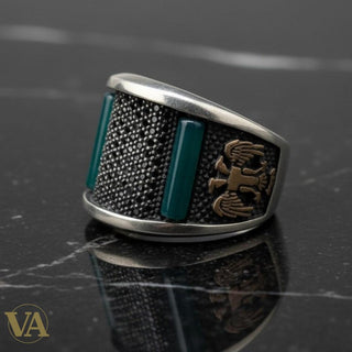 Chevalière Homme Argent 925 Zircons Noirs Aventurine Verte Aigle Bicéphale Ottoman