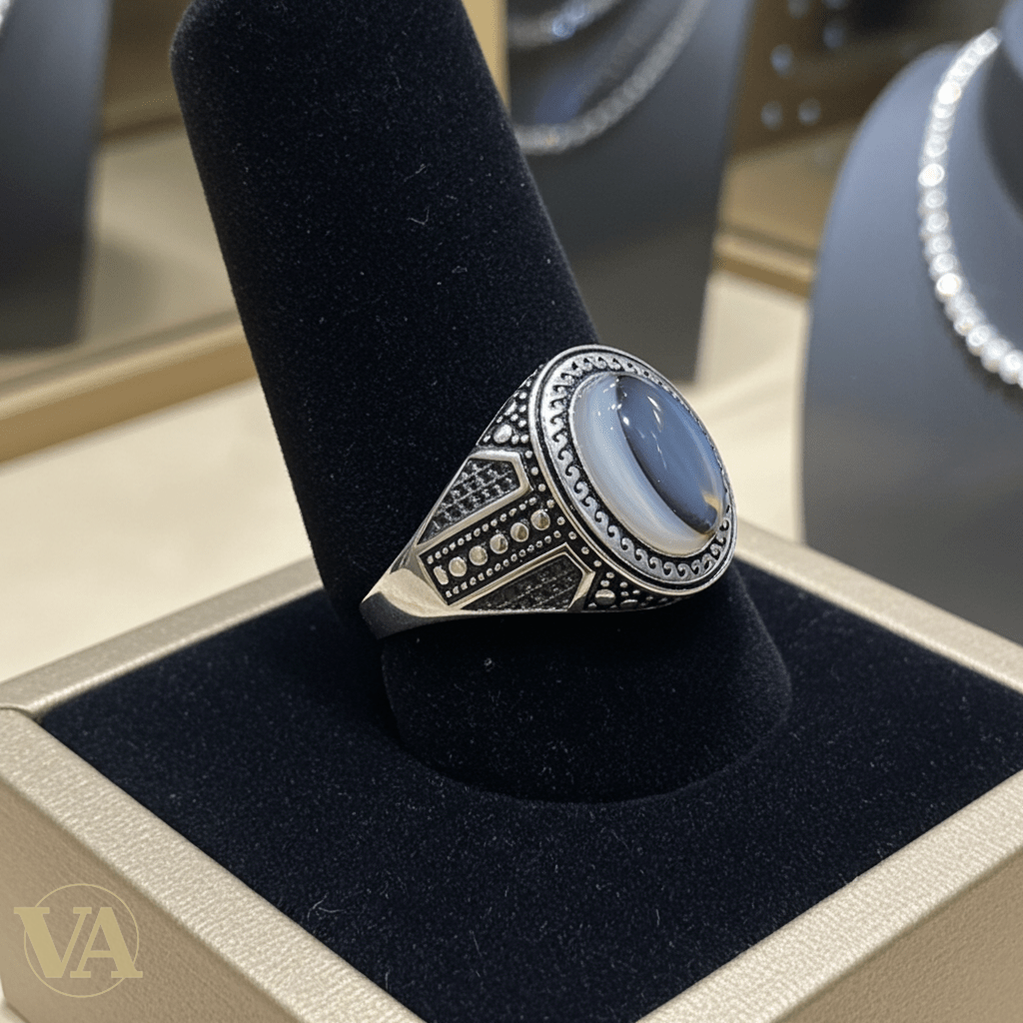 Bague Homme Argent 925 Agate Grise – Élégance Authentique - Argent 925 - Vindicta