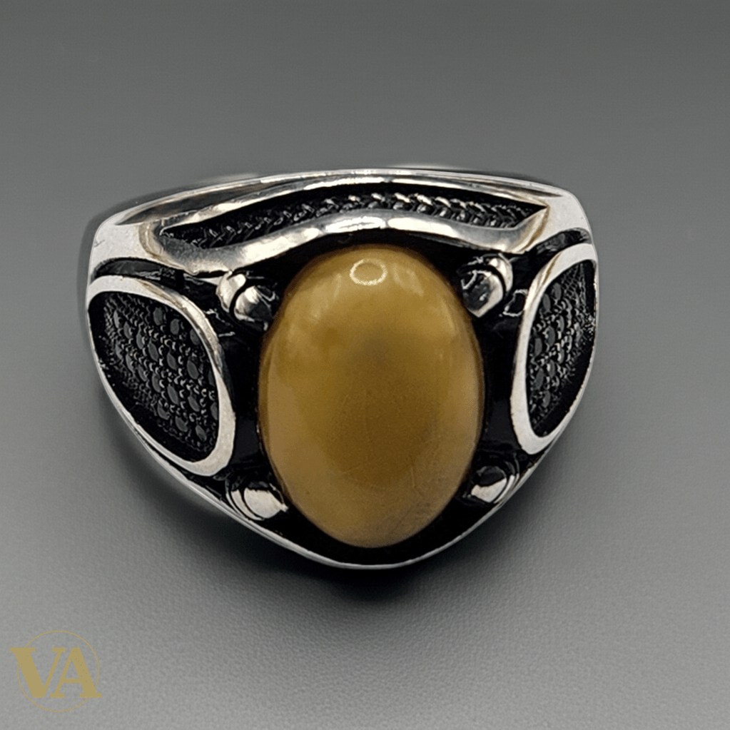 Bague Homme Argent 925 – Ambre jaune cabochon ovale - Argent 925 - Vindicta