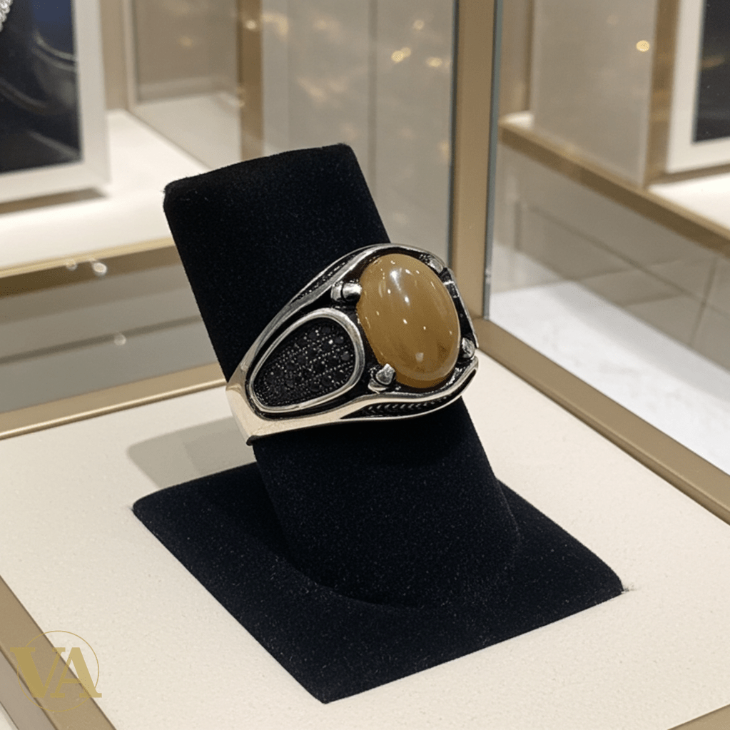 Bague Homme Argent 925 – Ambre jaune cabochon ovale - Argent 925 - Vindicta