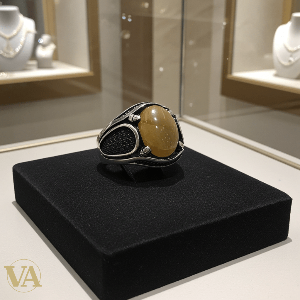Bague Homme Argent 925 – Ambre jaune cabochon ovale - Argent 925 - Vindicta