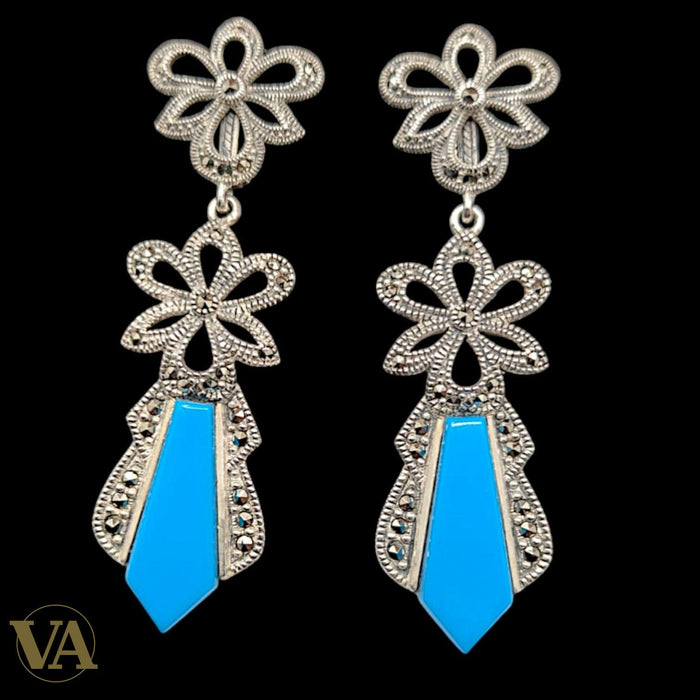 Boucles d'Oreilles Argent 925 Turquoise et Marcassite