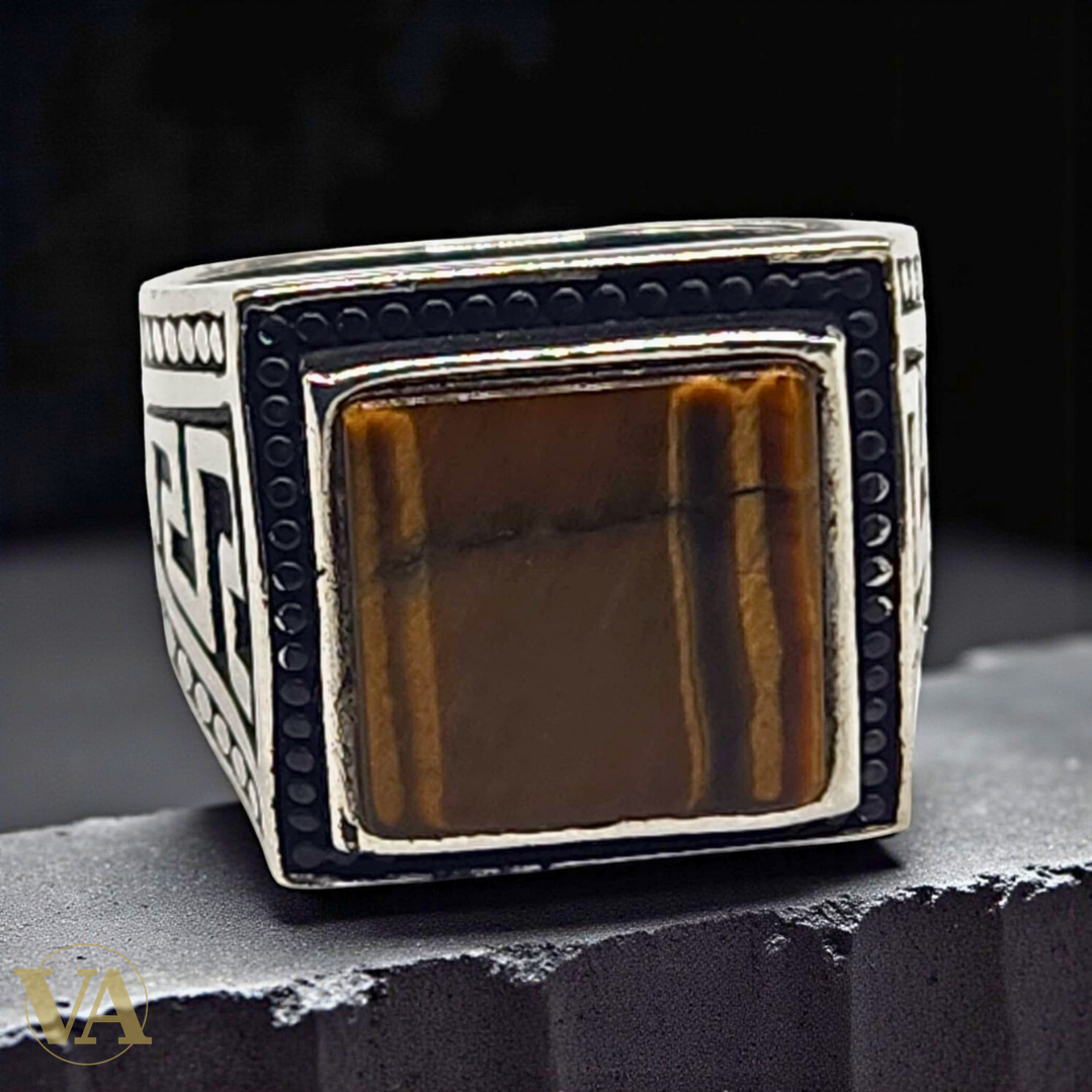 Bague Homme en Argent 925 & Œil de Tigre – Design Carré Imposant
