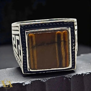 Bague Homme en Argent 925 & Œil de Tigre – Design Carré Imposant