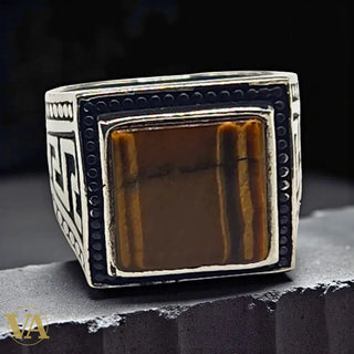 Bague Homme en Argent 925 & Œil de Tigre – Design Carré Imposant