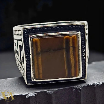 Bague Homme en Argent 925 & Œil de Tigre – Design Carré Imposant