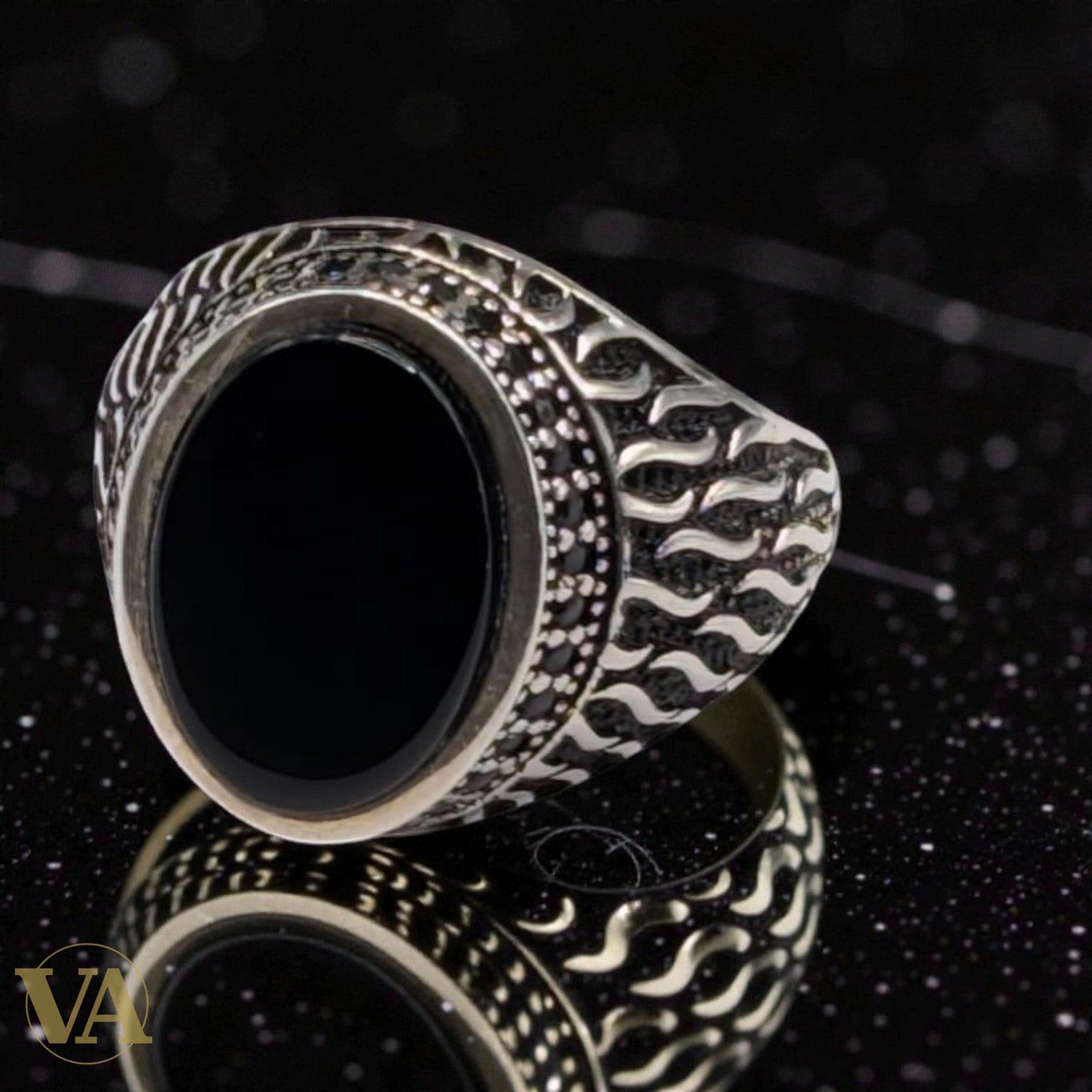 Bague Homme Argent 925 Onyx Noir Ovale – Motif Flammes Ottoman