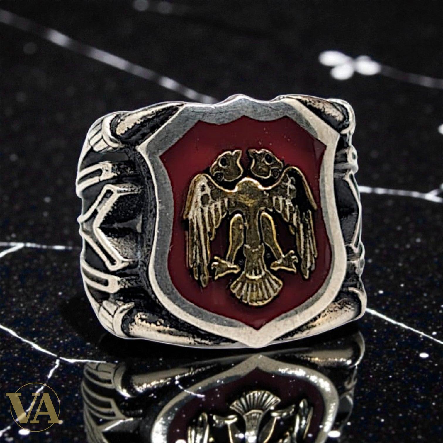Bague homme argent 925 – Aigle Bicéphale Ottoman & Cornaline Rouge | Bijoux Vindicta
