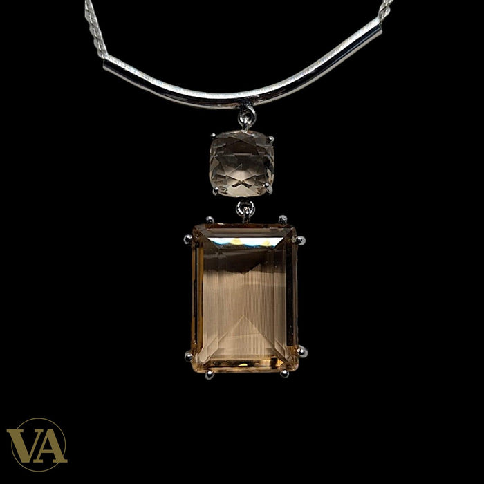 Collier Femme Quartz Fumé Argent 925 — Pendentif Double Pierre Taille Émeraude