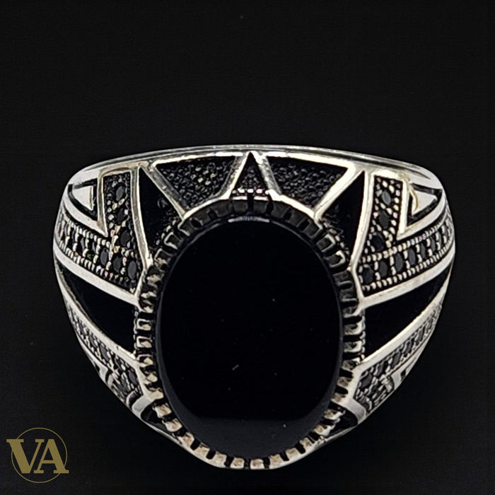Bague Homme Argent 925 – Onyx noir cabochon ovale & design géométrique