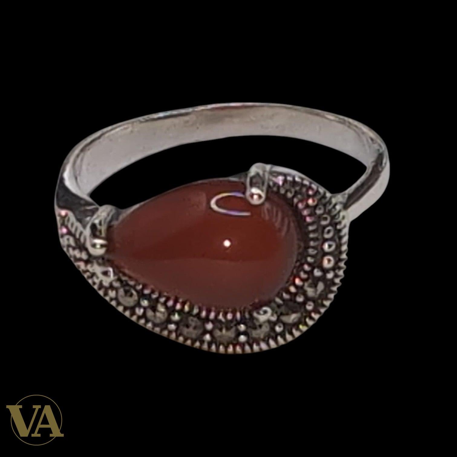 Bague Femme Argent 925 Cornaline Goutte & Marcassite – Bijou Vintage Élégant