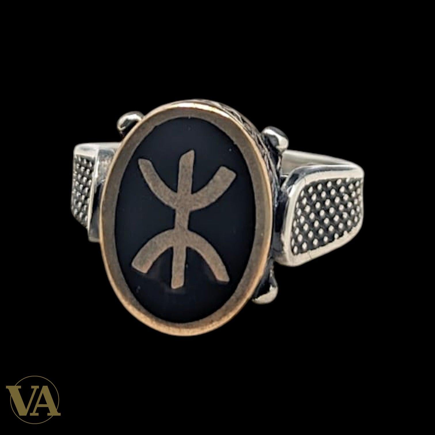 Chevalière Homme Argent 925 Onyx Noir Symbole Berbère-Vindicta : Bijoux Argent 925 Massif, Luxe et Héritage