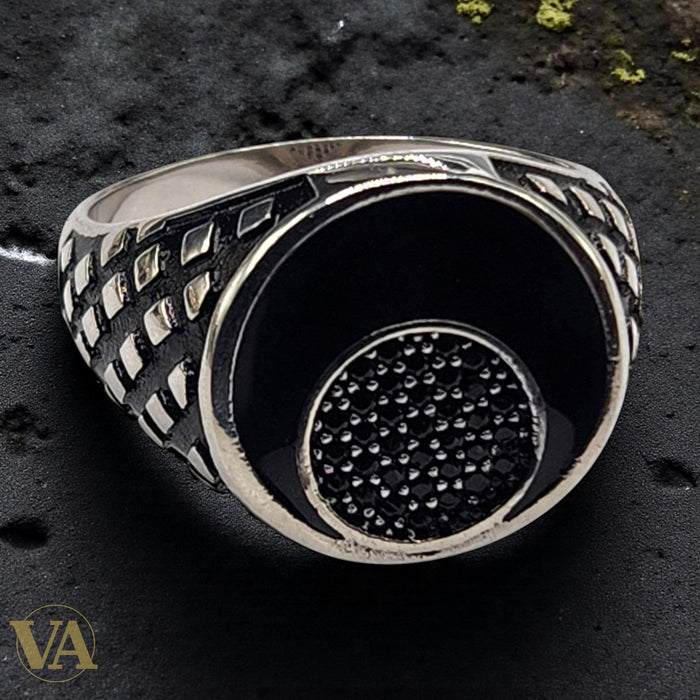 Bague Homme Argent 925 – Onyx noir circulaire & centre texturé