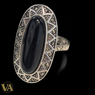 Bague femme Argent 925 Onyx Noir & Marcassites – Style Ottoman