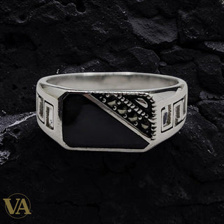 Chevalière Homme Argent 925 Onyx Noir Motif Ciselé Diagonale