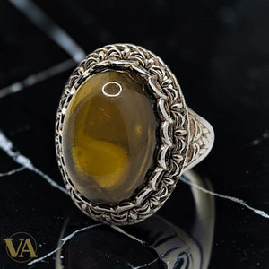 Bague Femme Argent 925 & Ambre – Cabochon Ovale Filigrane Tressé