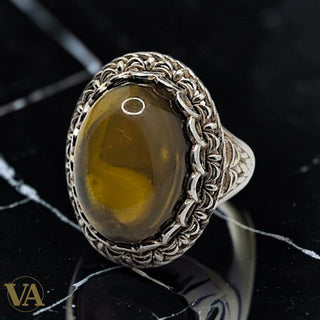 Bague Femme Argent 925 & Ambre – Cabochon Ovale Filigrane Tressé