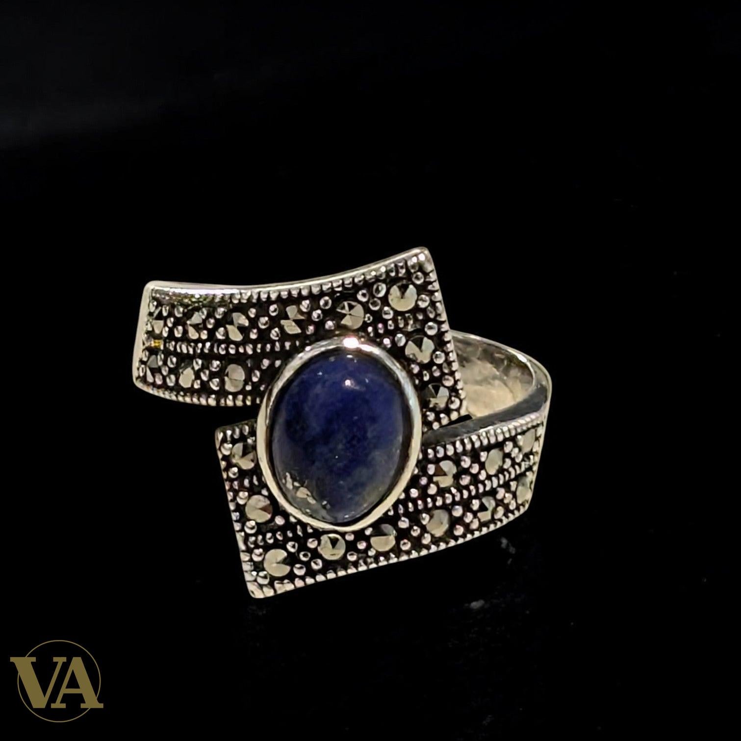 Bague en argent 925 avec lapis-lazuli et marcassite – Style vintage artisanal