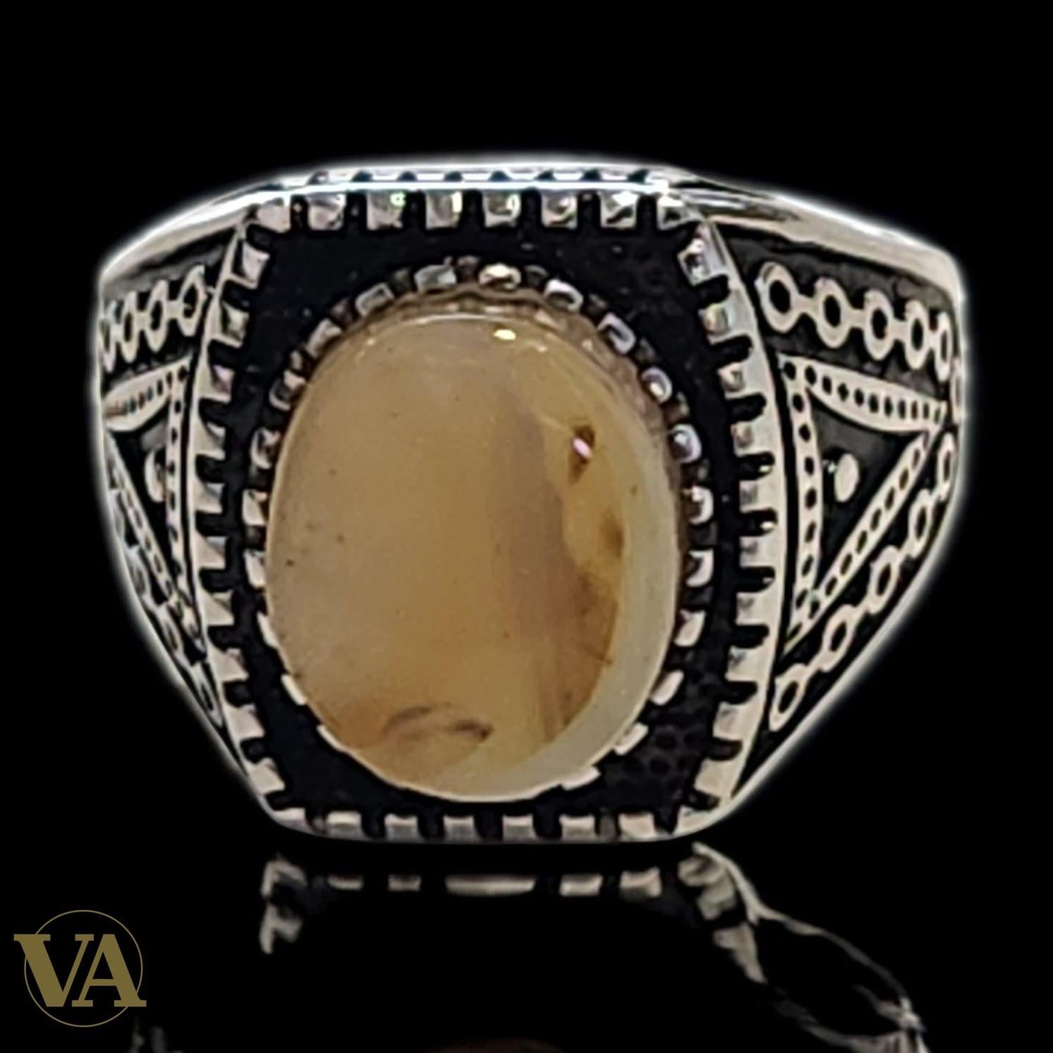 Bague homme argent 925 agate jaune cabochon | Bijoux Vindicta