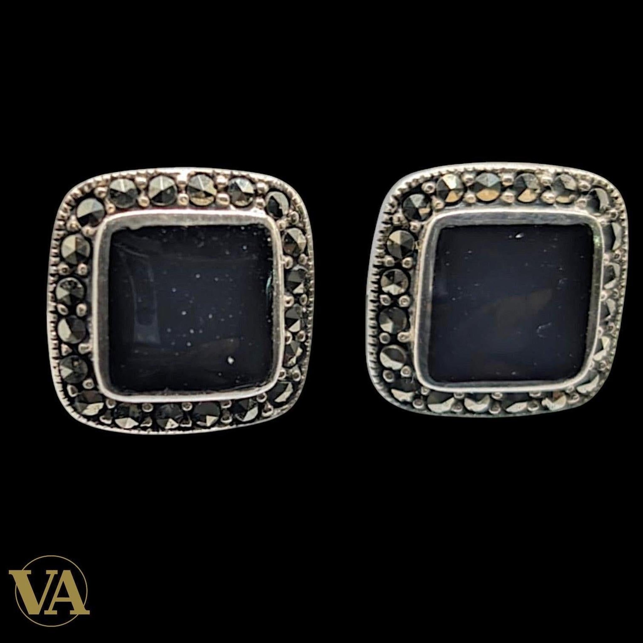 Boucles d’oreilles Femme Argent 925 Onyx Noir & Marcassite – Carrées Élégantes-Vindicta : Bijoux Argent 925 Massif, Luxe et Héritage