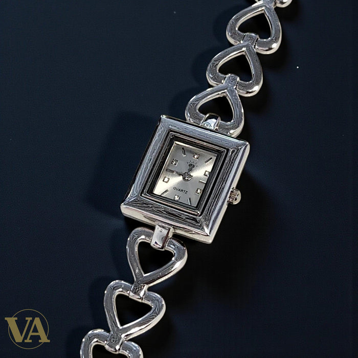 Montre Femme Argent 925 – Bracelet Cœurs & Cadran Carré Quartz
