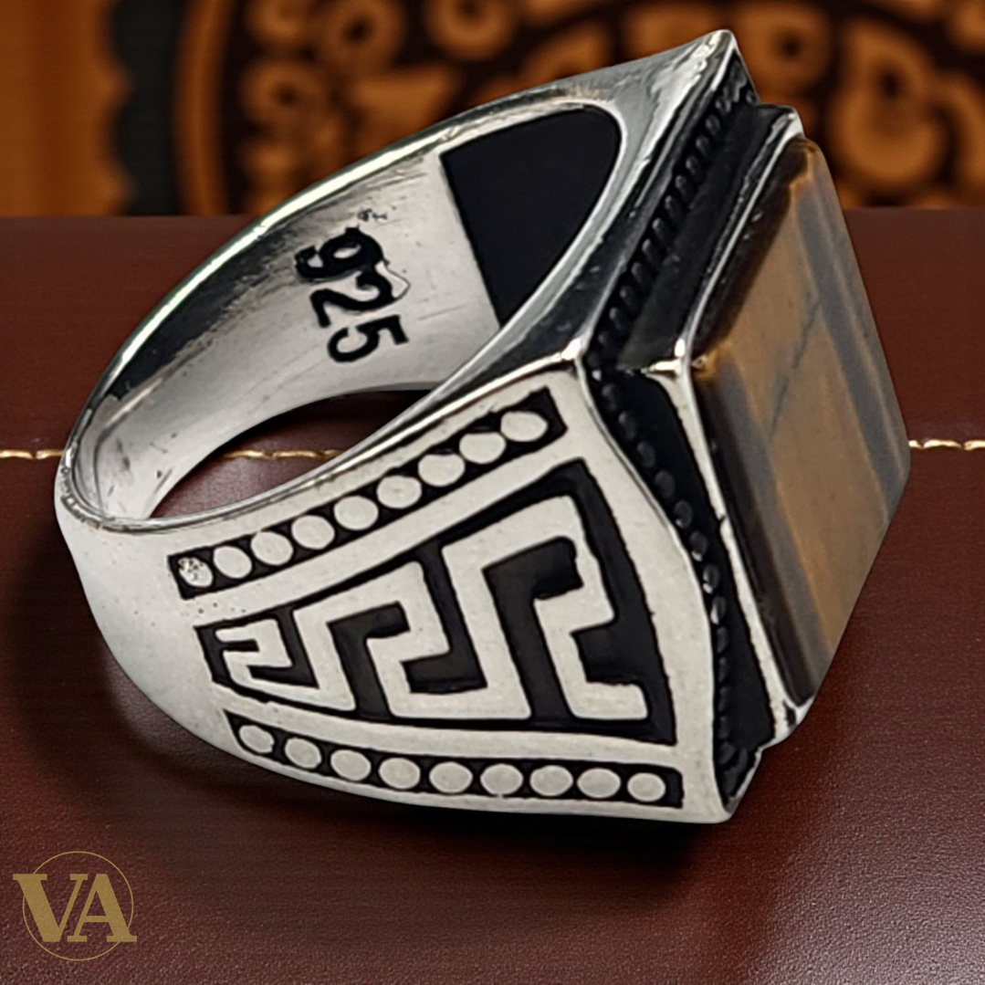 Bague Homme en Argent 925 & Œil de Tigre – Design Carré Imposant