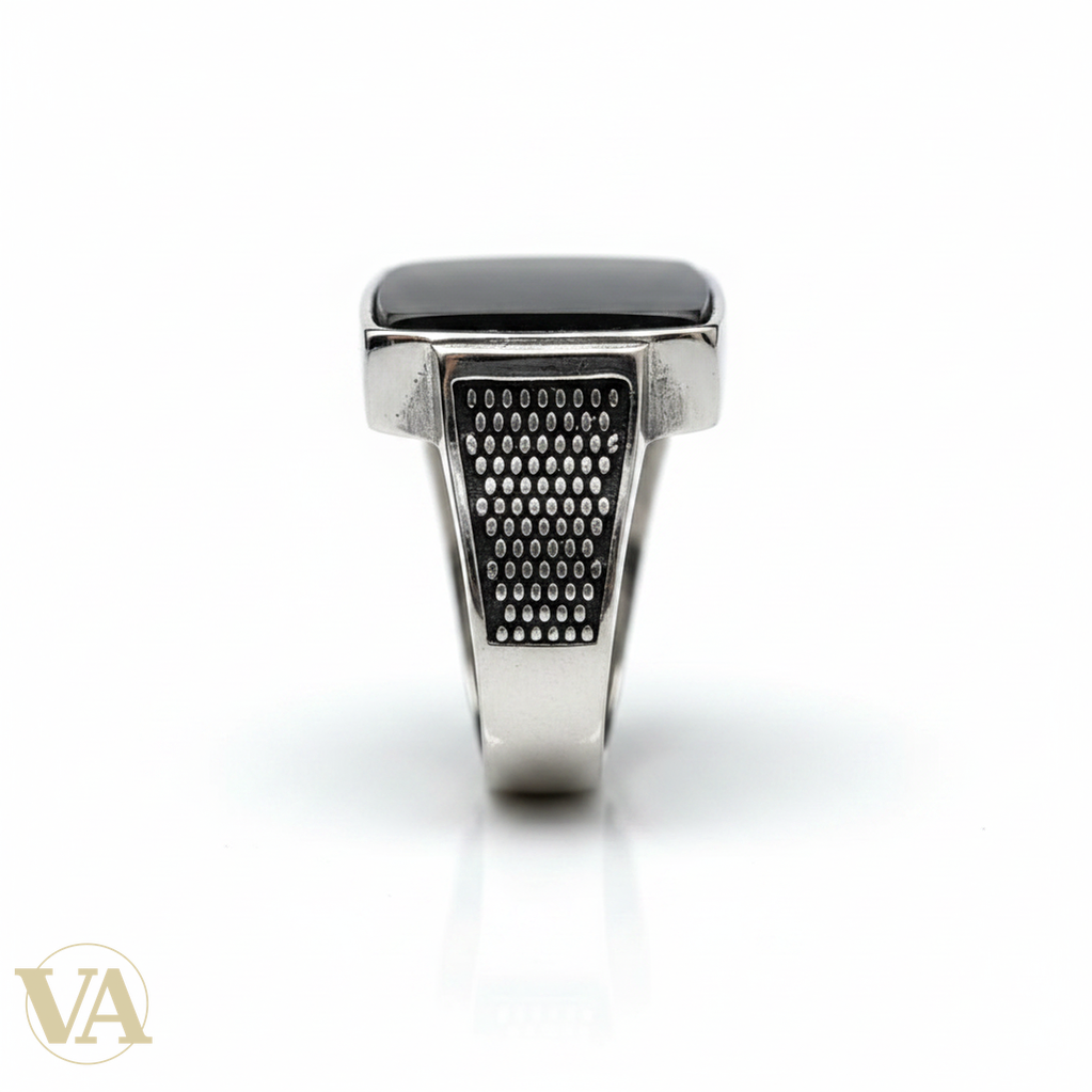 Chevalière Homme Argent 925 Nacre Gris Anthracite Cabochon Carré Ajouré-Vindicta : Bijoux Argent 925 Massif, Luxe et Héritage