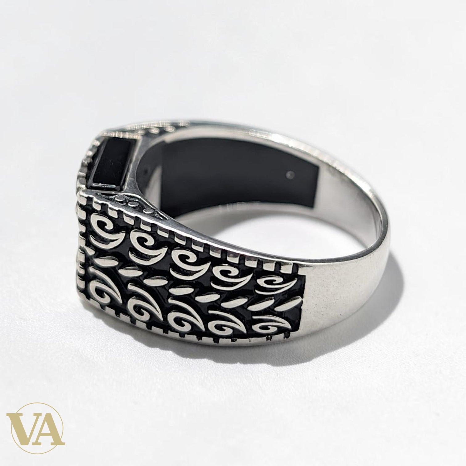 Chevalière Homme Argent 925 Onyx Noir Spirales Gravées - Argent 925 - Vindicta