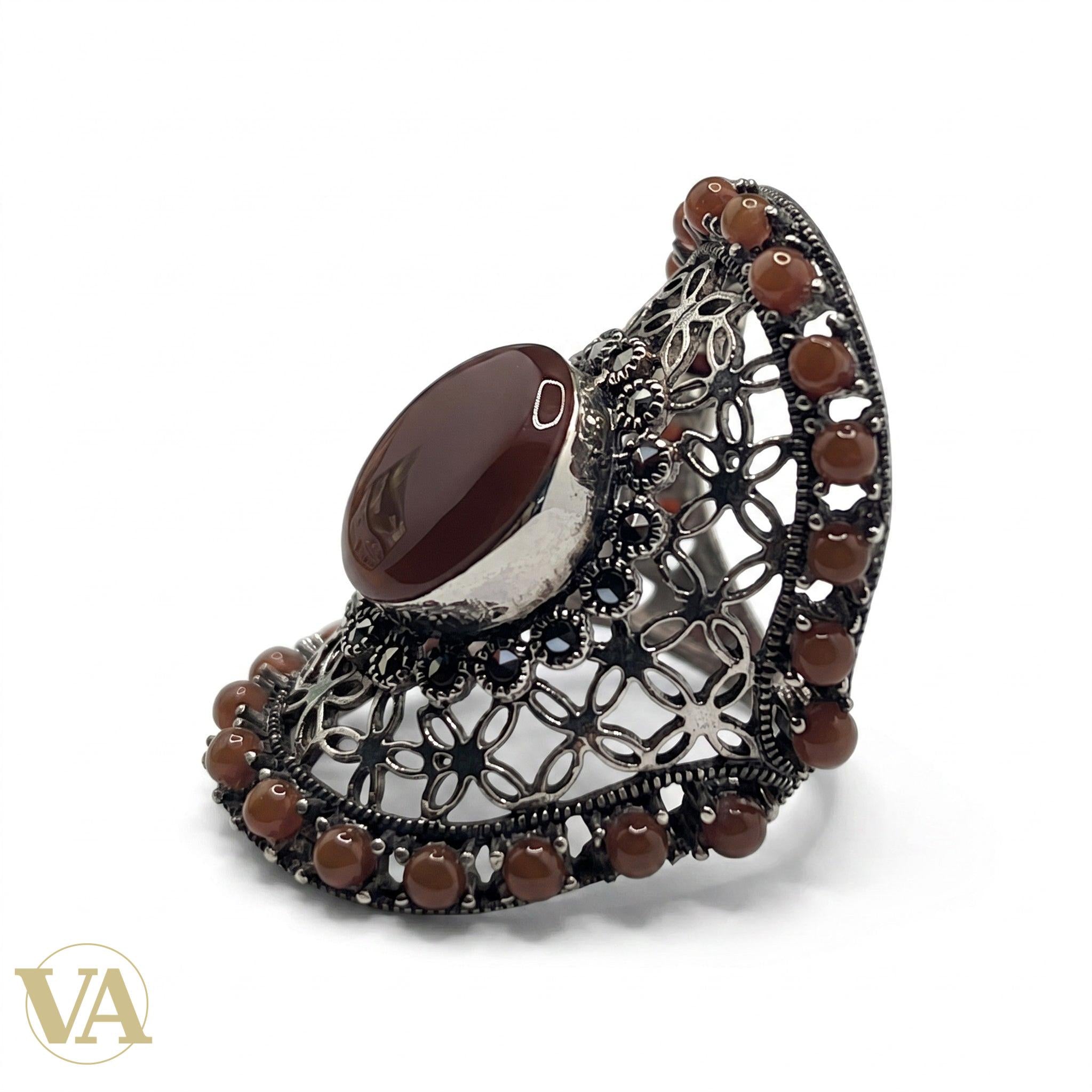Bague Femme Argent 925 Cornaline Marcassite Ajourée