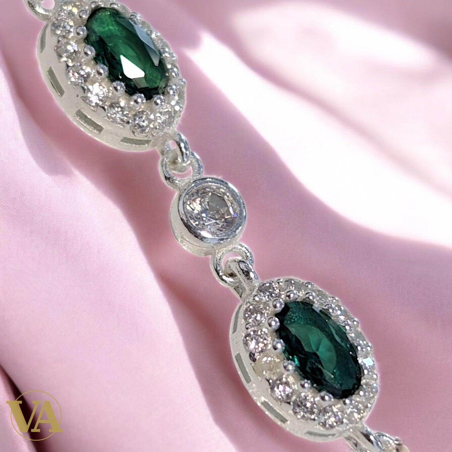 Bracelet Femme Argent 925 Oxyde Vert Émeraude Vintage