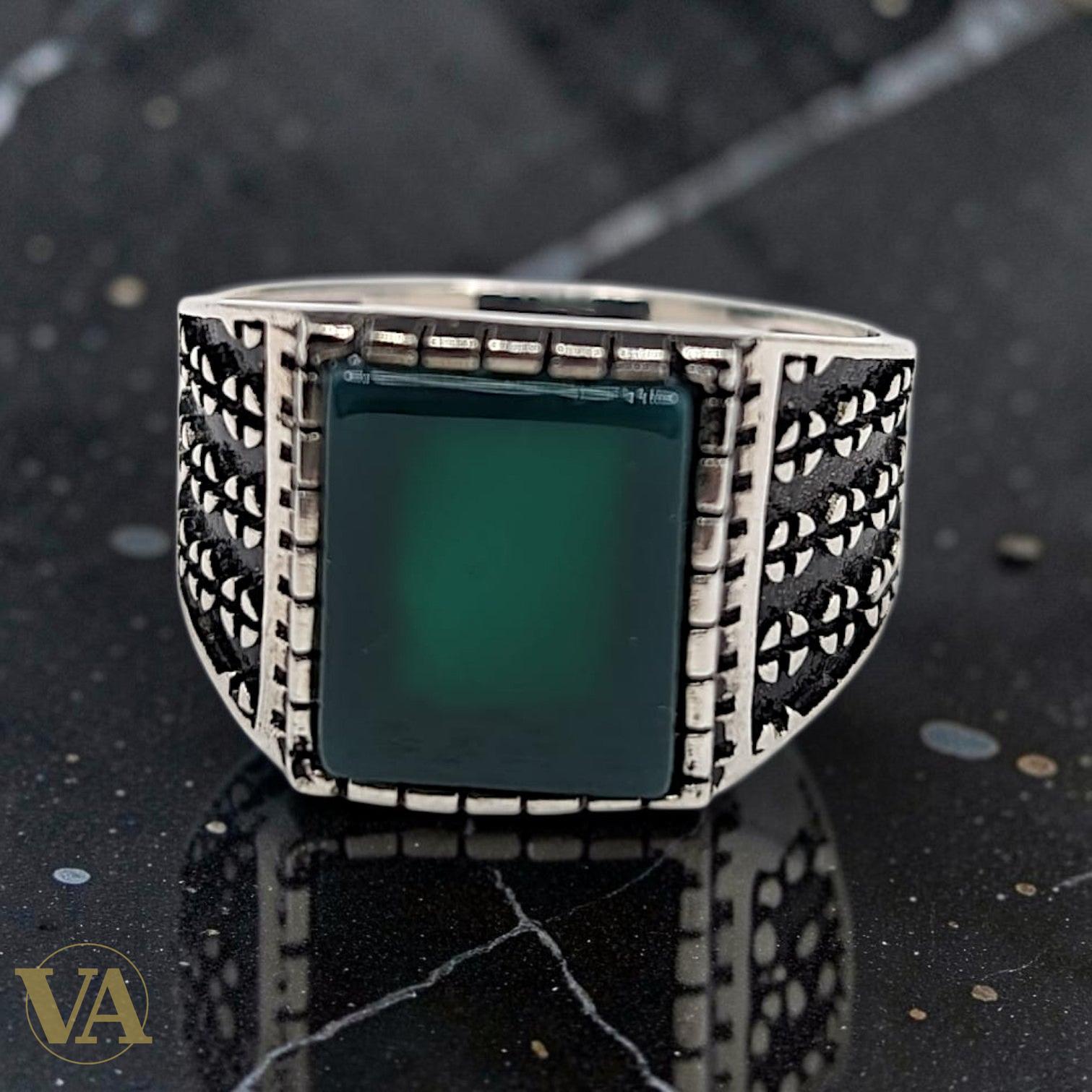 Chevalière Homme Argent 925 Pierre Aventurine Verte