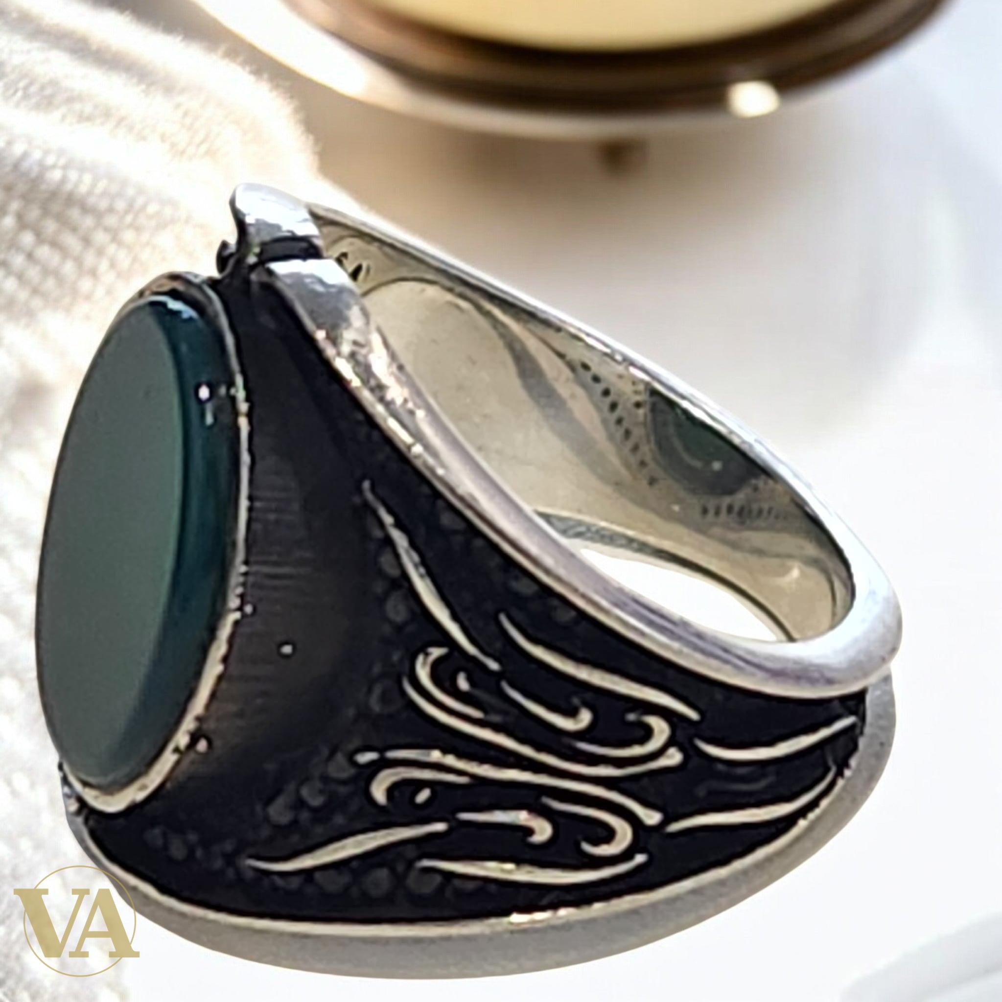 Bague homme argent 925 et calcédoine verte