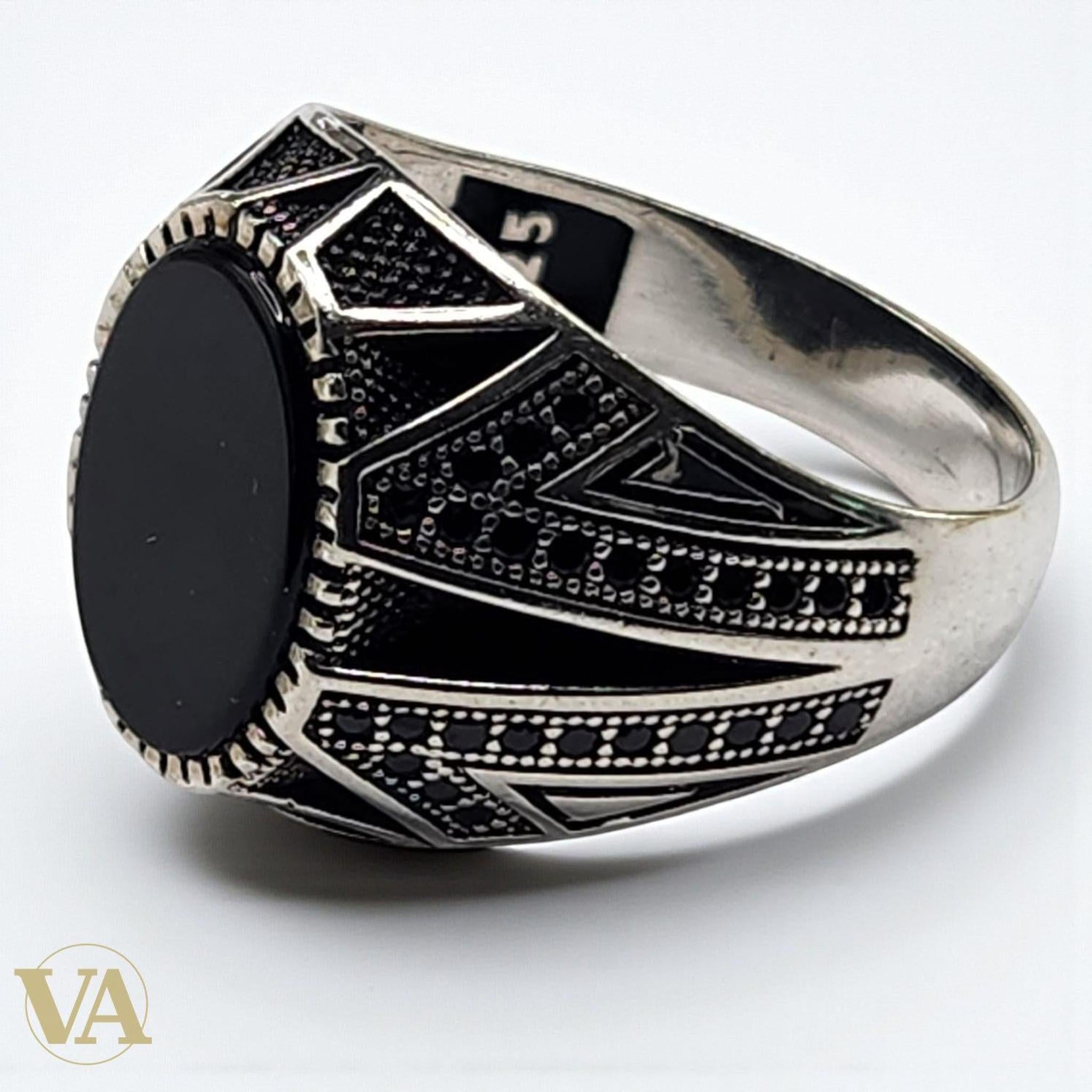 Bague Homme Argent 925 – Onyx noir cabochon ovale & design géométrique - Argent 925 - Vindicta