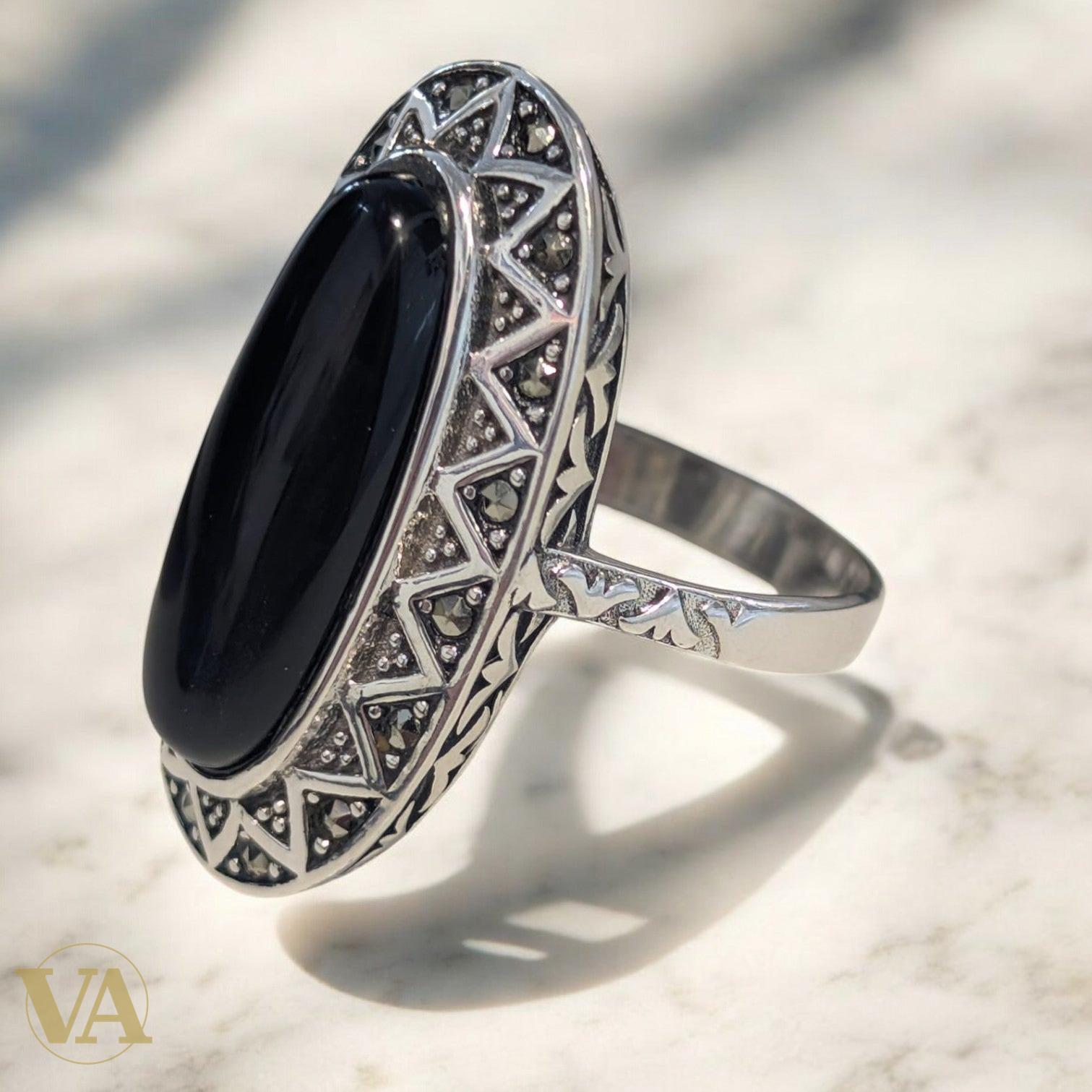 Bague Argent 925 Onyx Noir & Marcassites – Style Ottoman