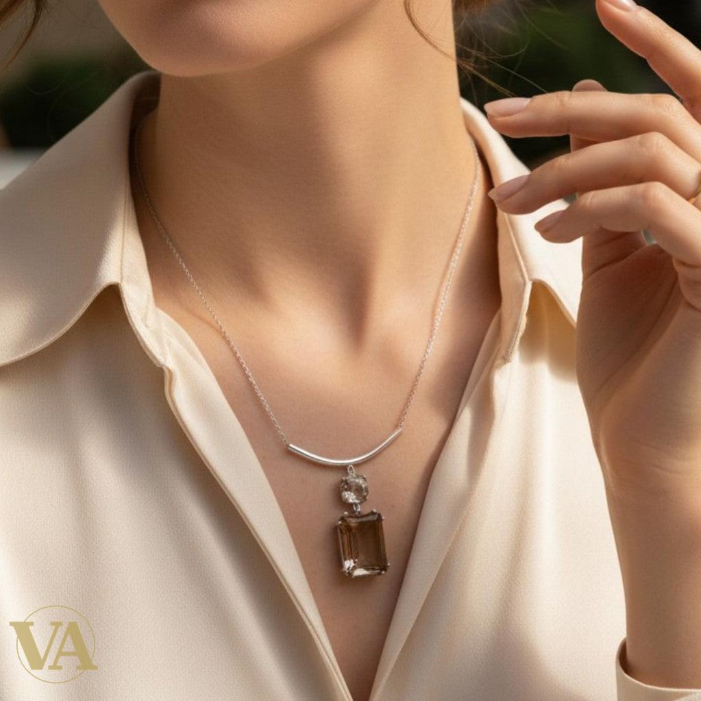 Collier Femme Quartz Fumé Argent 925 — Pendentif Double Pierre Taille Émeraude | Bijoux Vindicta