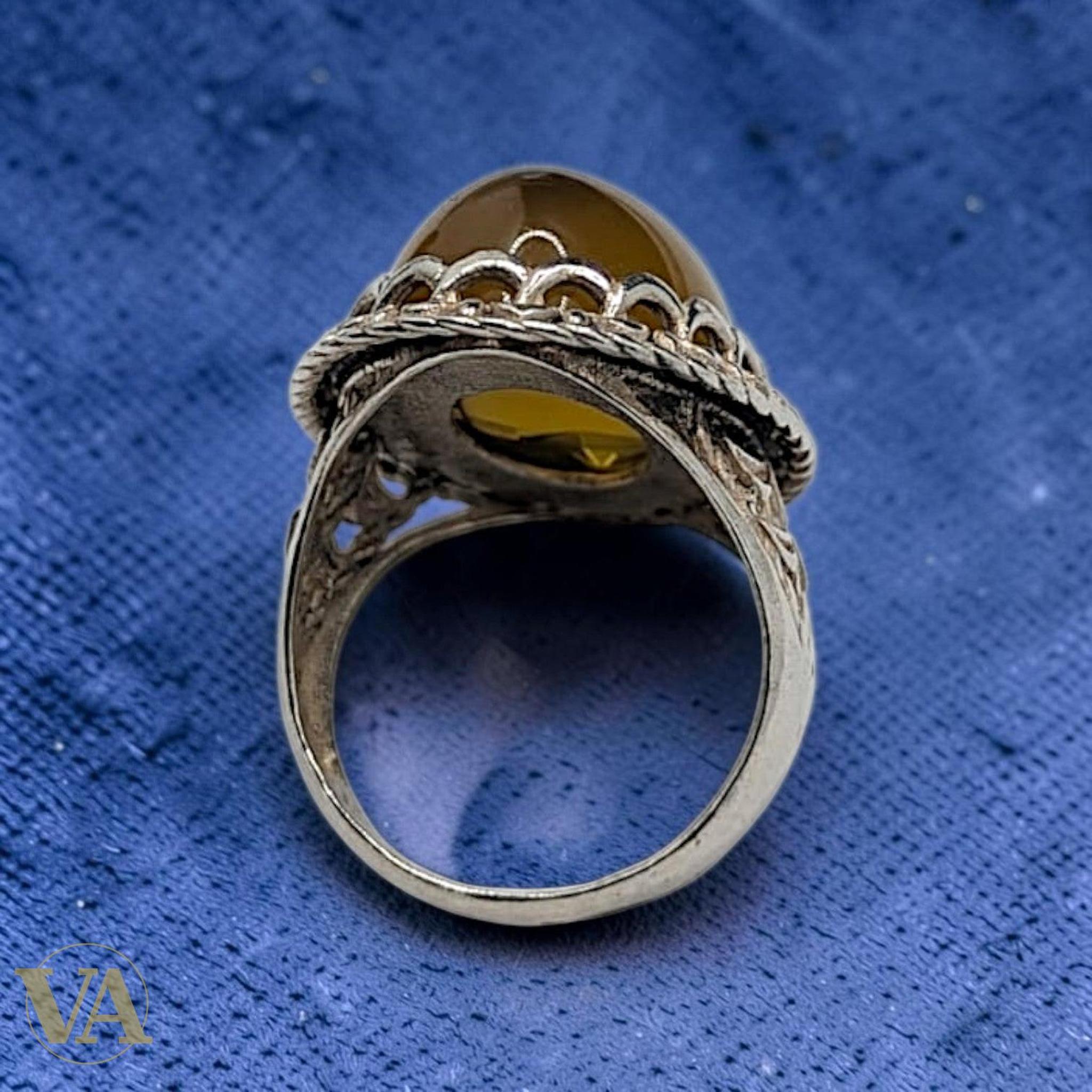 Bague Femme Argent 925 & Ambre – Cabochon Ovale Filigrane Tressé - Argent 925 - Vindicta