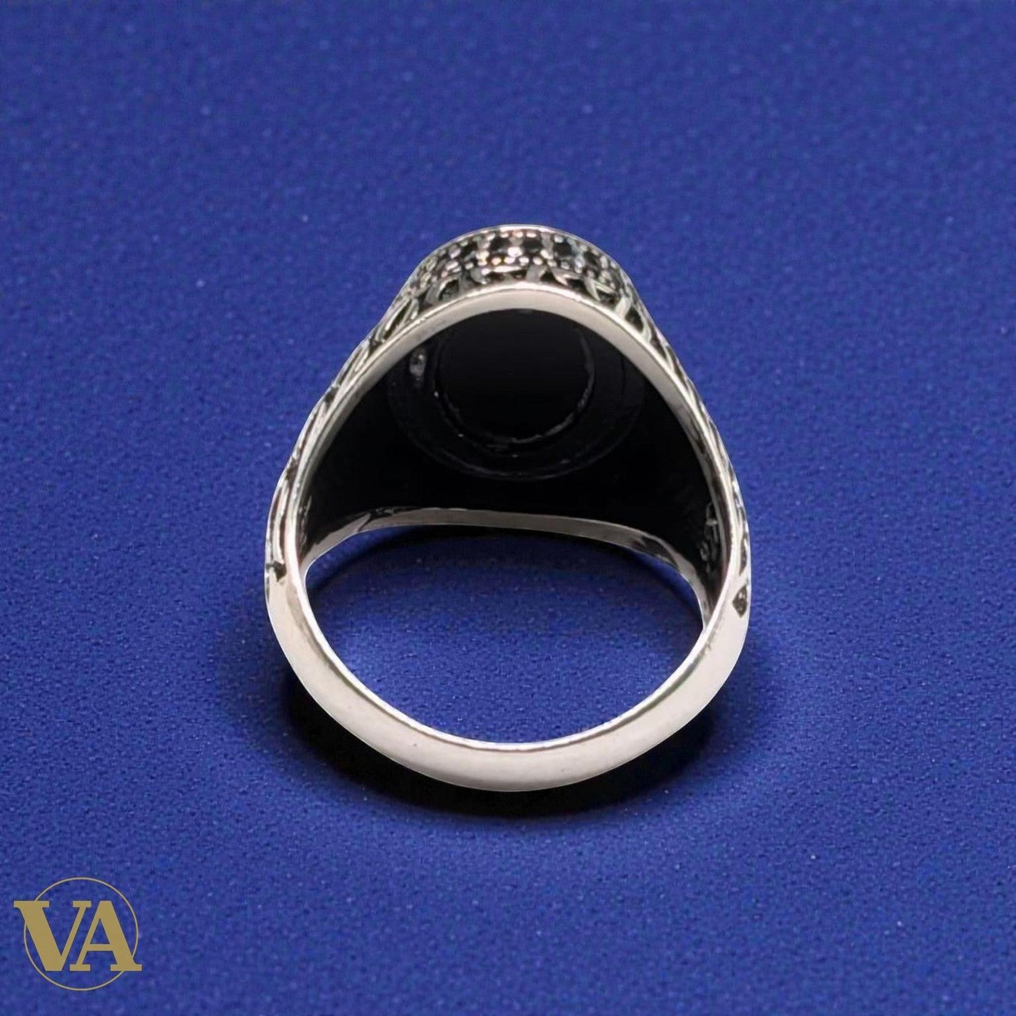 Bague Homme Argent 925 Onyx Noir Ovale – Motif Flammes Ottoman - Argent 925 - Vindicta