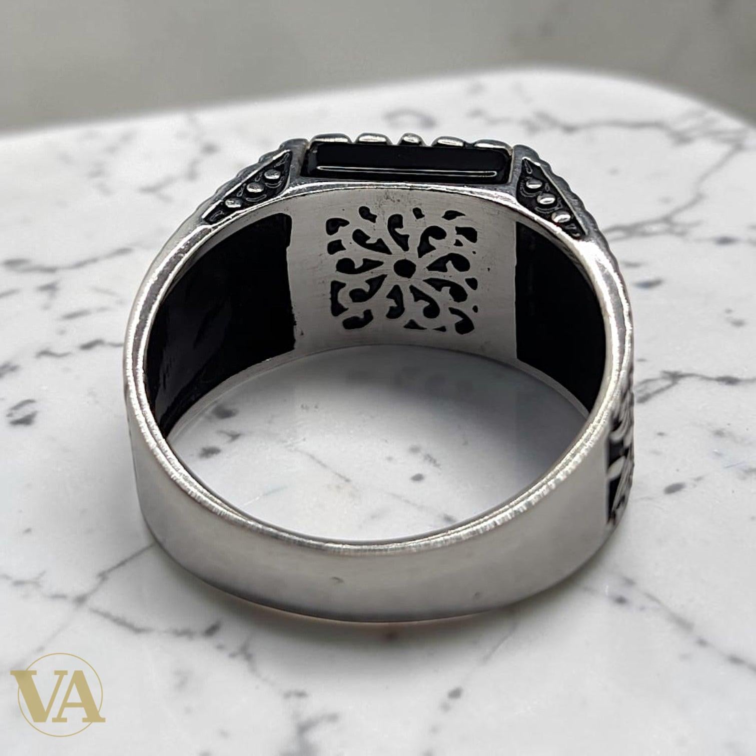 Chevalière Homme Argent 925 Onyx Noir Spirales Gravées - Argent 925 - Vindicta