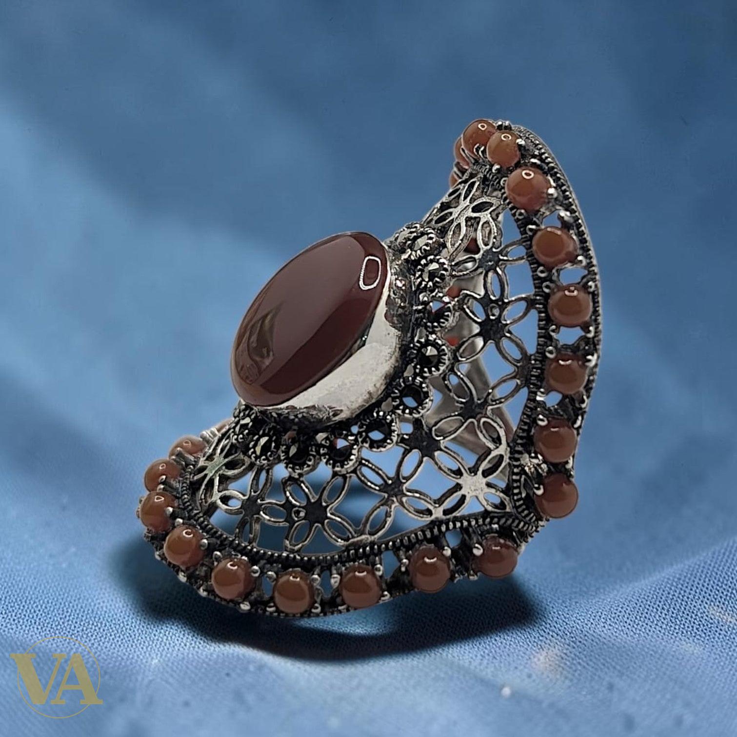 Bague Femme Argent 925 Cornaline Marcassite Ajourée
