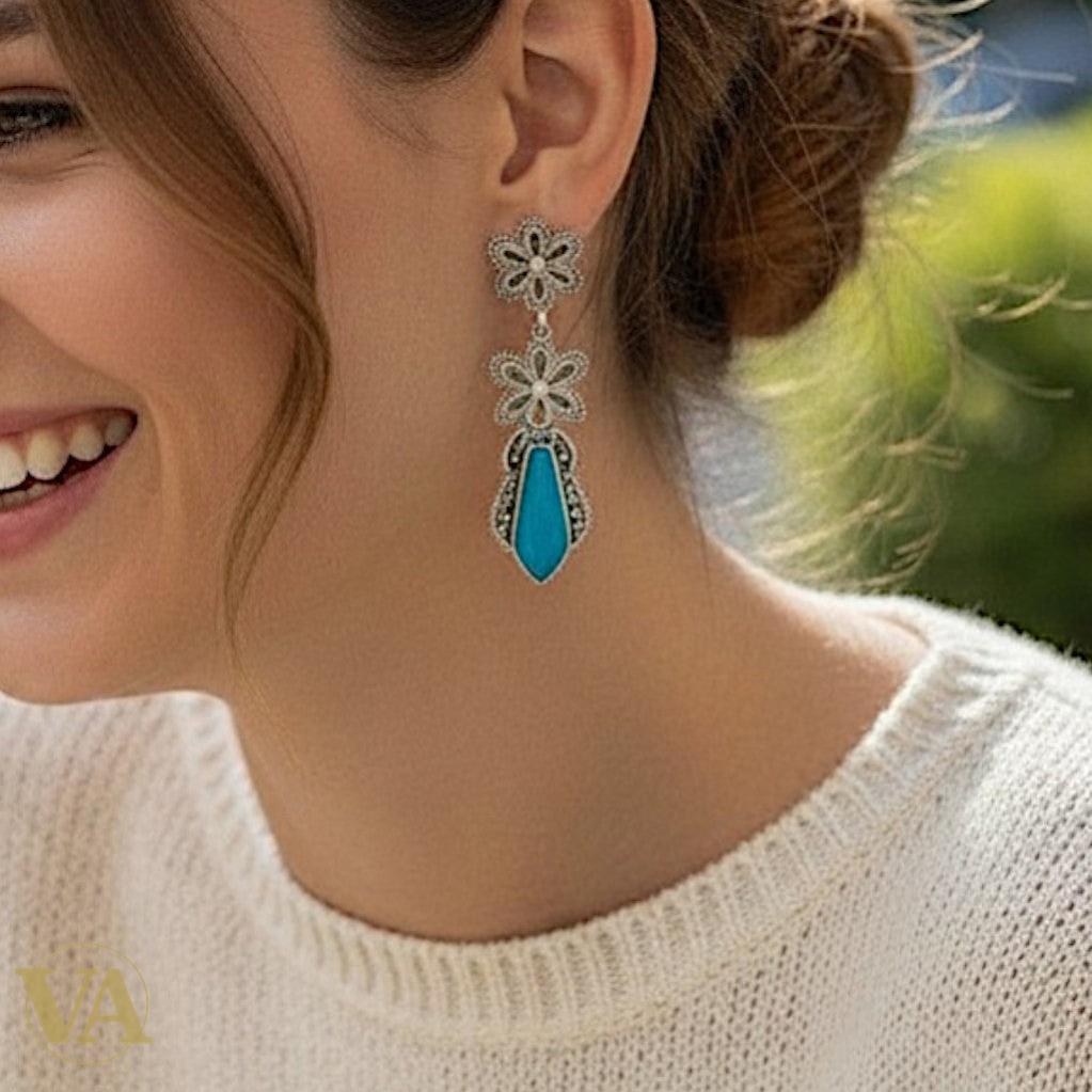 Boucles d'Oreilles Femme Argent 925 Turquoise et Marcassite | Bijoux Vindicta