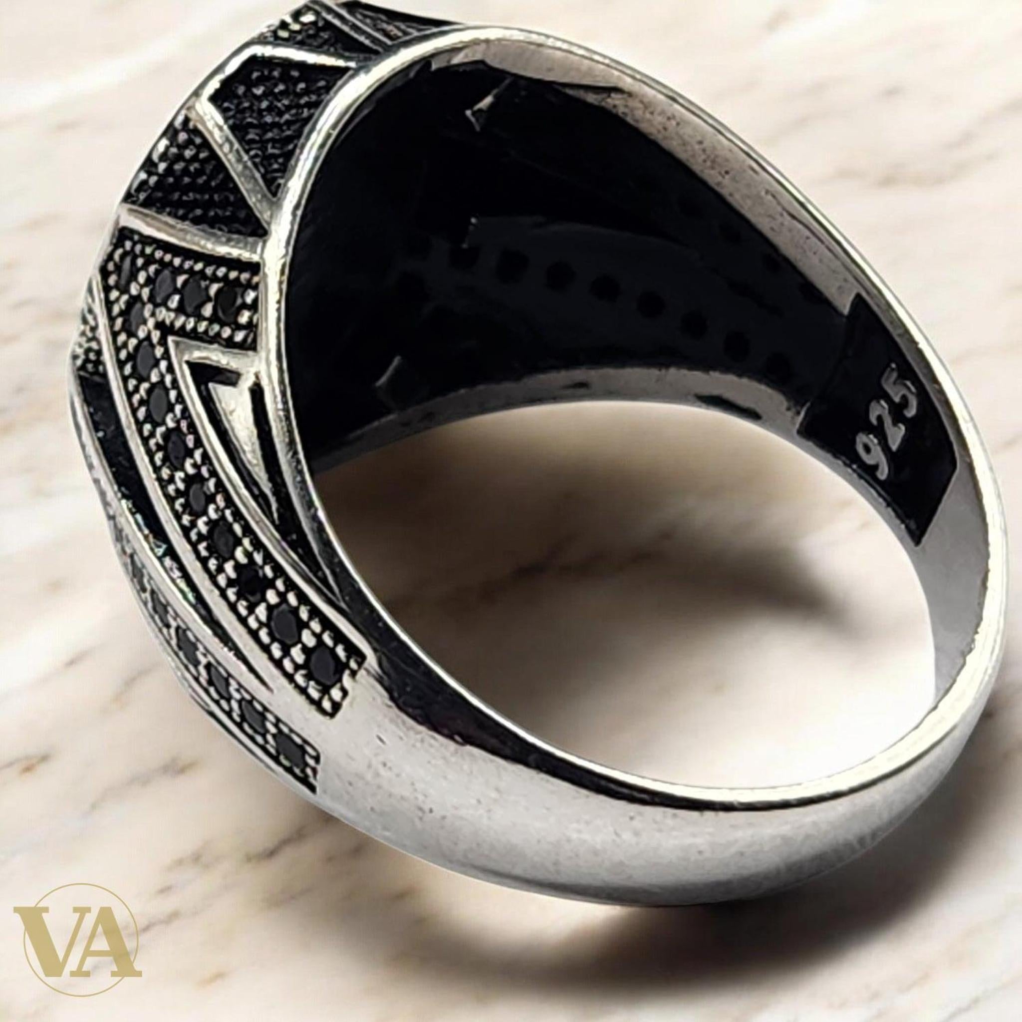 Bague Homme Argent 925 – Onyx noir cabochon ovale & design géométrique - Argent 925 - Vindicta
