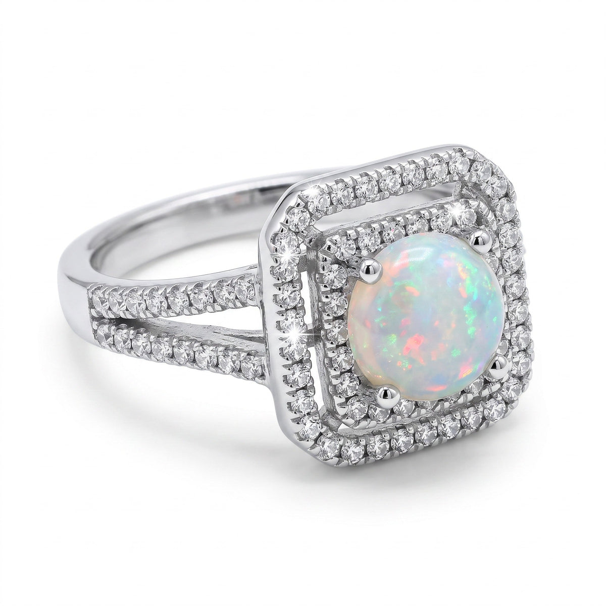 Bague femme argent 925 opale naturelle double halo zircons fond blanc